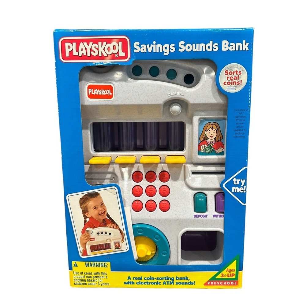 Playskool Savings Sounds Bank ATM Real‎ Coin Sorter Kids Toy 1997 VTG New Video